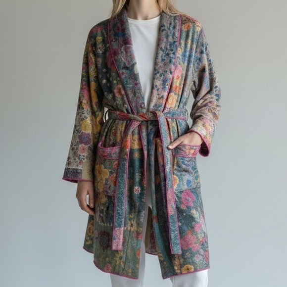 Natural Life Women Robe Med Floral Patchwork Fleece Boho Loungewear Relaxation - Picture 1 of 10